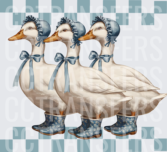 Three White Geese Blue Bonnets Floral Rain Boots Checker (DTF)