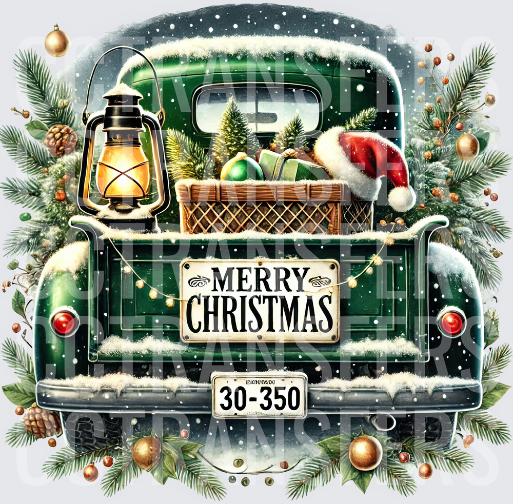 Merry Christmas Vintage Green Truck Snow Scene (DTF)