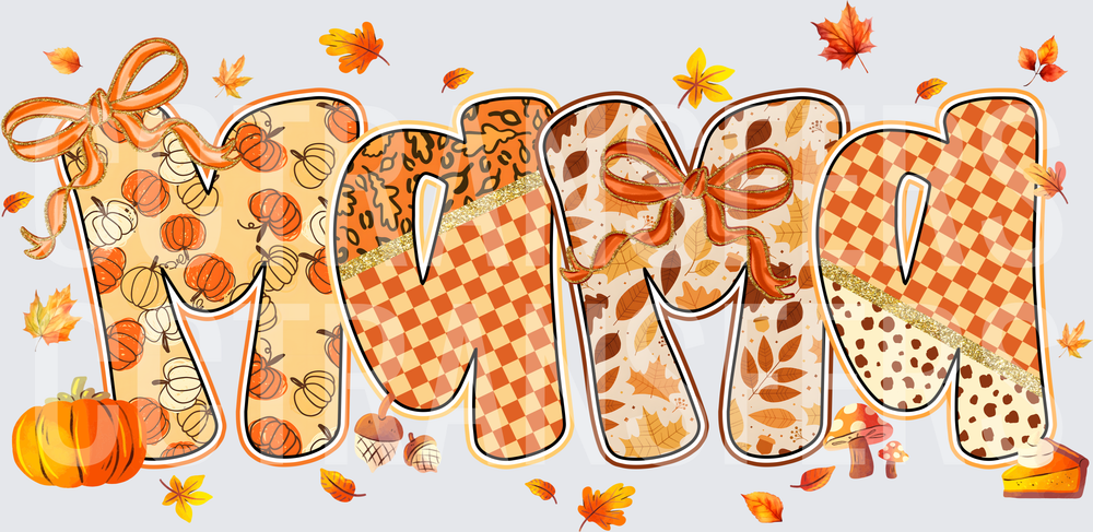 Fall Mama Patterned Letters Autumn Leaves Pumpkins (DTF)