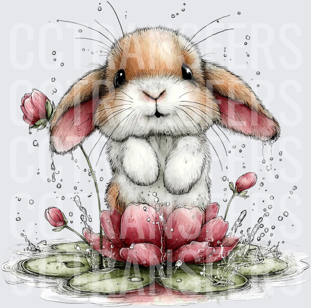 Fluffy Lop Bunny Sitting on Lotus Flower with Water Splashes (DTF)