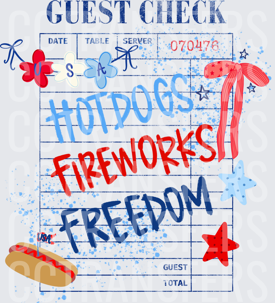 Patriotic Guest Check Hotdogs Fireworks Freedom USA (DTF)