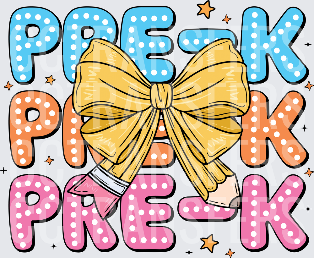Pre-K Polka Dot Letters Gold Bow Pencil Stars (DTF)