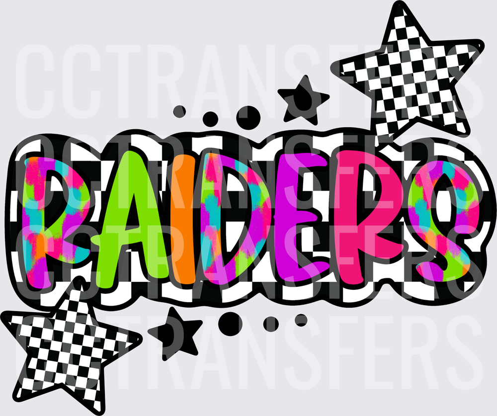 Raiders Colorful Tie Dye Checkered Stars Bold Text (DTF)