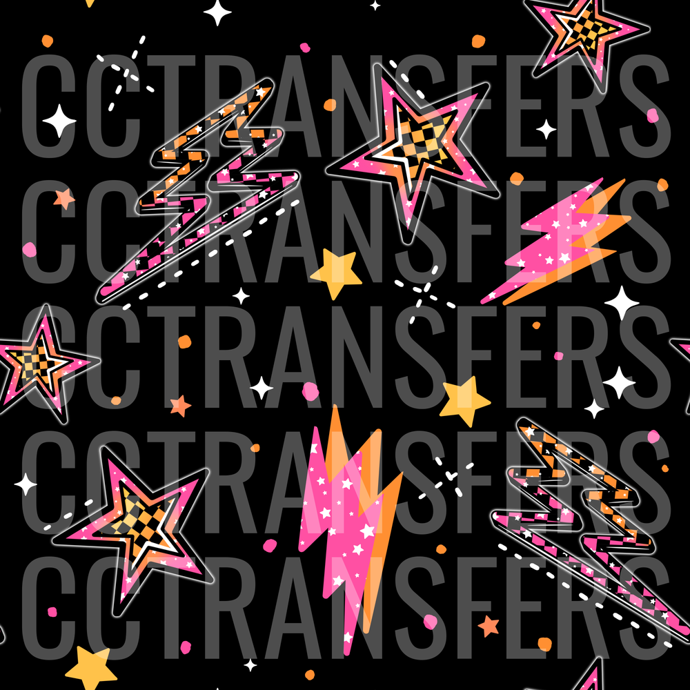 Retro Pink Orange Checkered Stars Lightning Bolts Black (DTF)