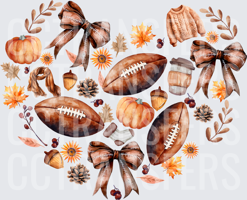 Autumn Football Heart Bows Pumpkins Fall Watercolor (DTF)