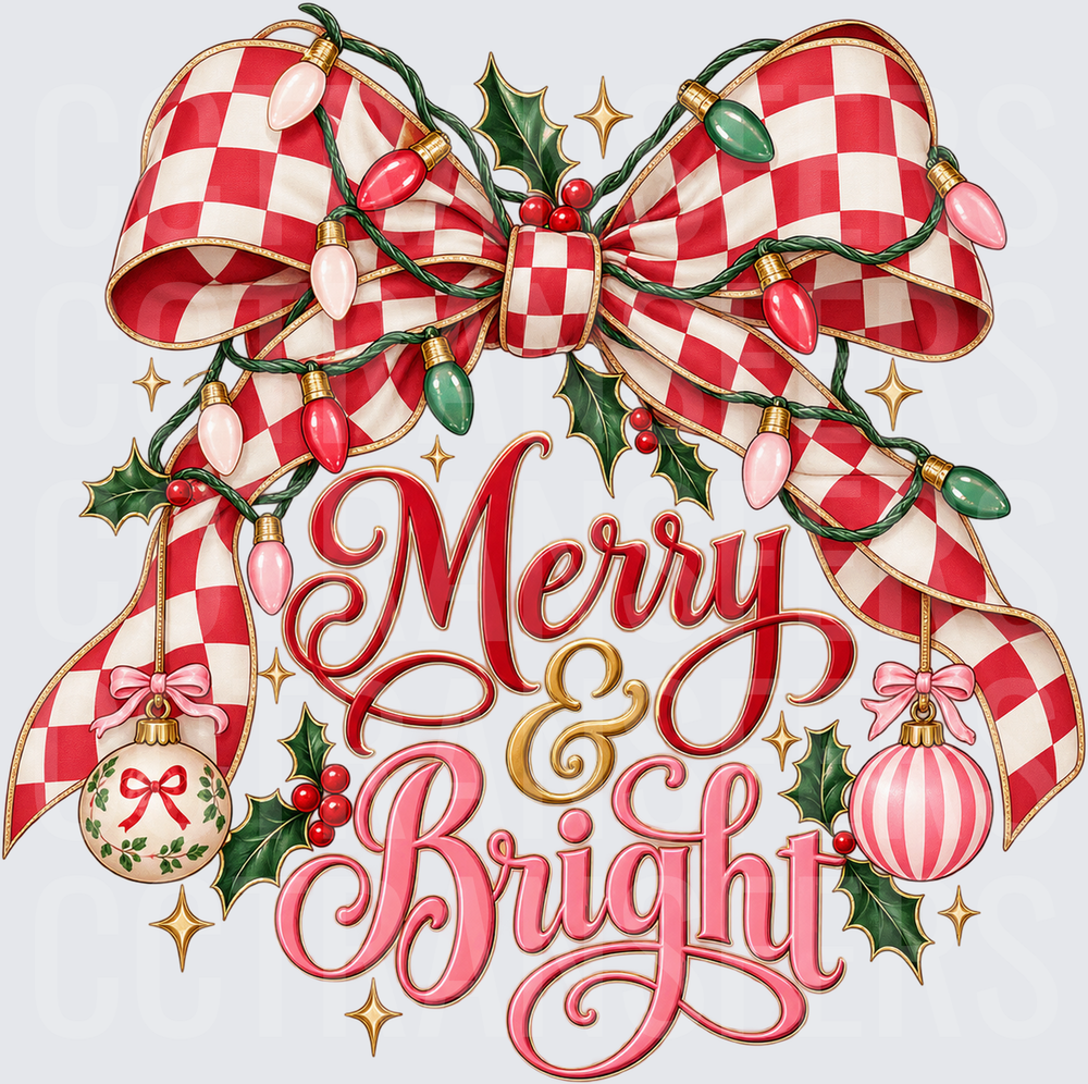 Merry & Bright Red Checkered Bow Christmas Lights Holly (DTF)