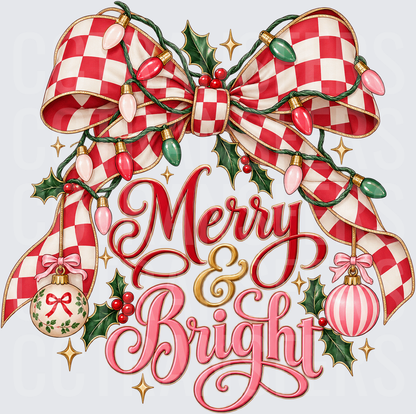 Merry & Bright Red Checkered Bow Christmas Lights Holly (DTF)