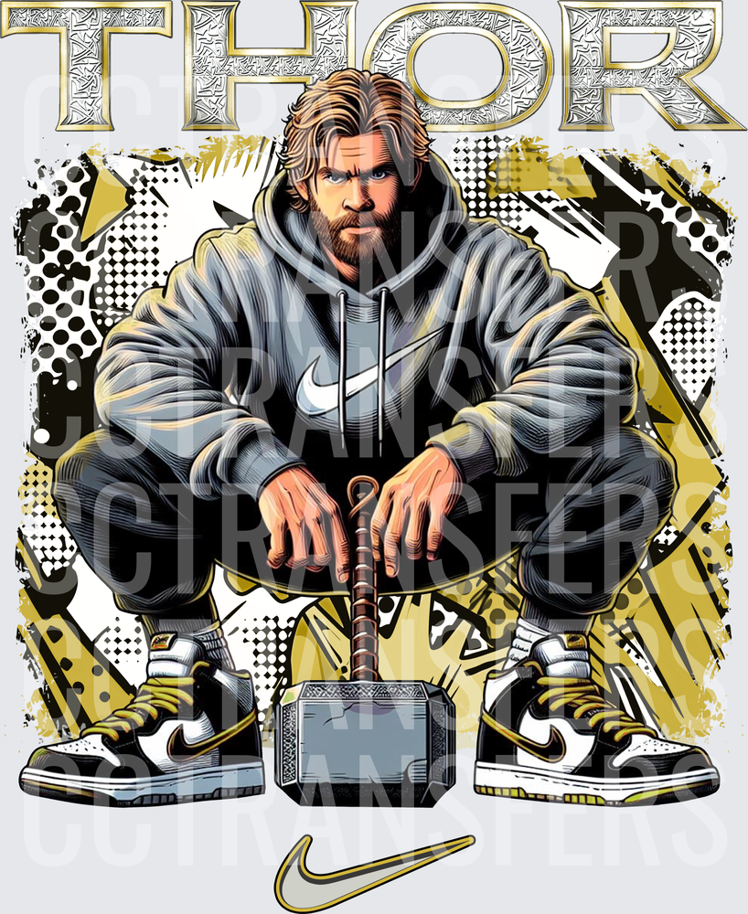 Thor Streetwear God of Thunder Holding Mjolnir Gold (DTF)