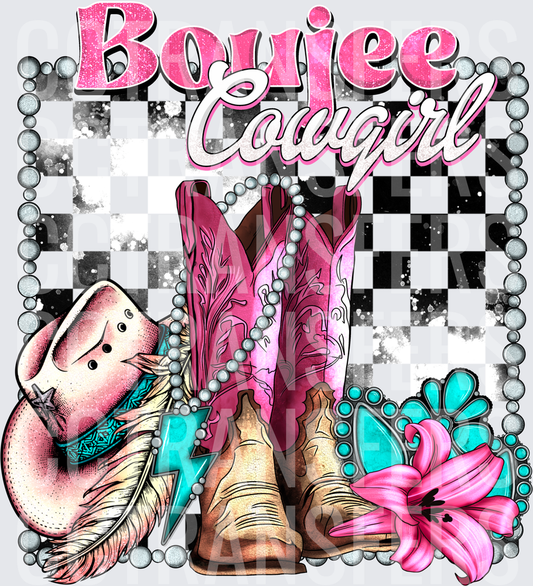 Boujee Cowgirl Pink Boots Hat Pearl Necklace Checker (DTF)