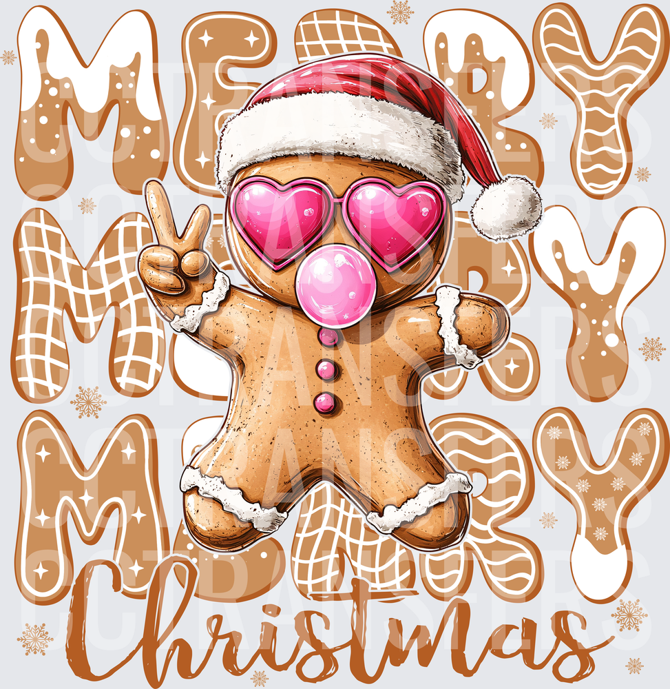 Merry Christmas Gingerbread Man Pink Heart Sunglasses Santa Hat (DTF)