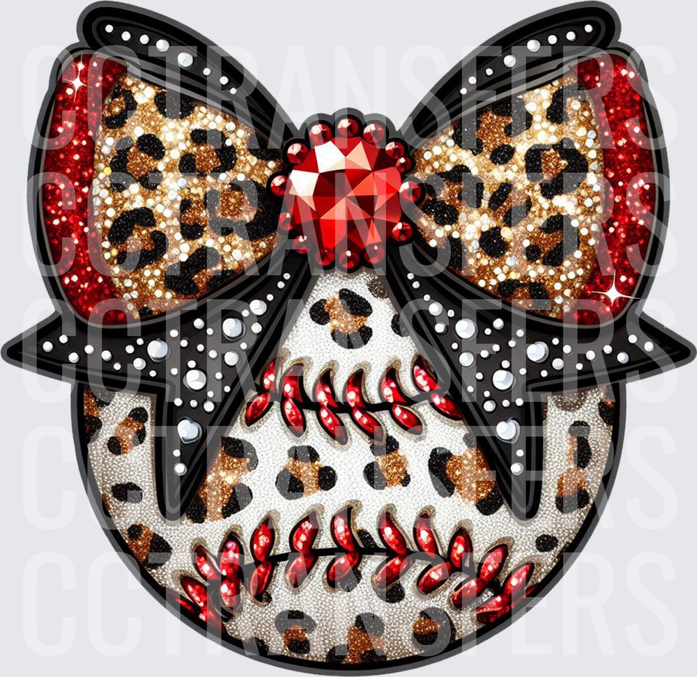 Leopard Print Baseball with Glitter Bow and Red Gem (DTF)