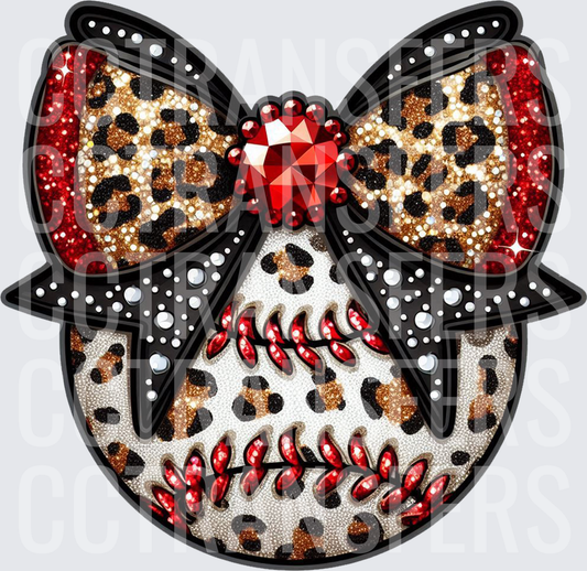 Leopard Print Baseball with Glitter Bow and Red Gem (DTF)