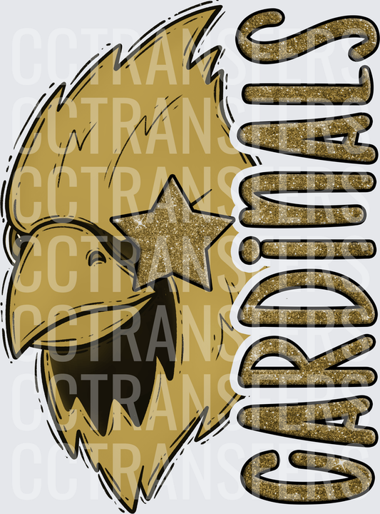Gold Glitter Cardinals Mascot Bird with Star Eye DTF