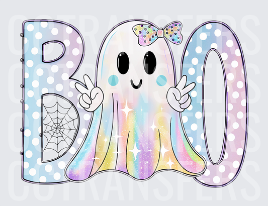 Pastel Rainbow Ghost BOO Halloween Polka Dot Peace Sign (DTF)