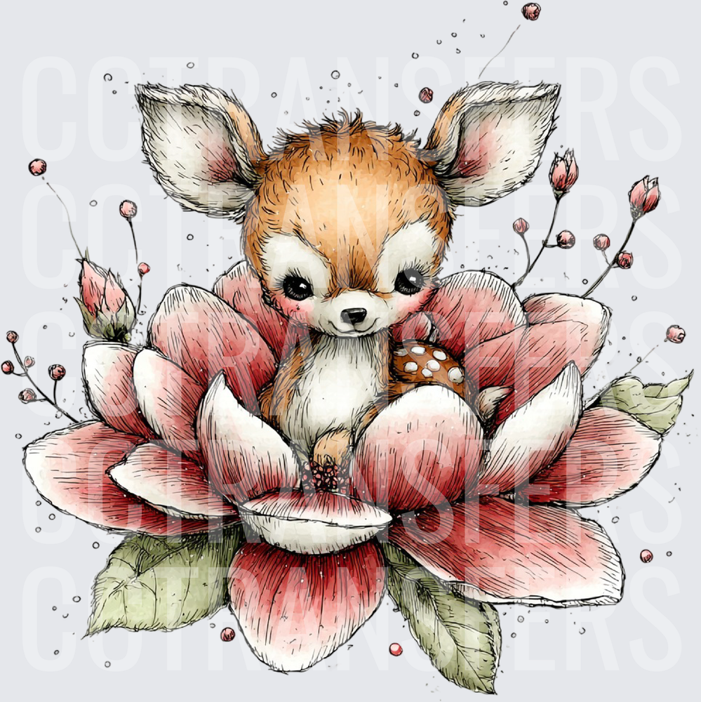 Cute Baby Fawn Nestled in Blooming Rose Flower (DTF)