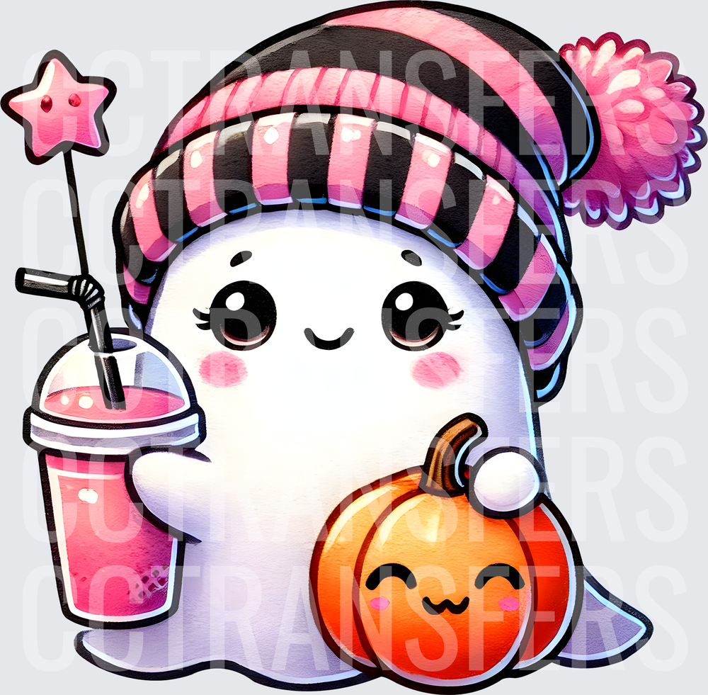 Cute Ghost Pink Striped Beanie Pink Drink Kawaii Pumpkin (DTF)