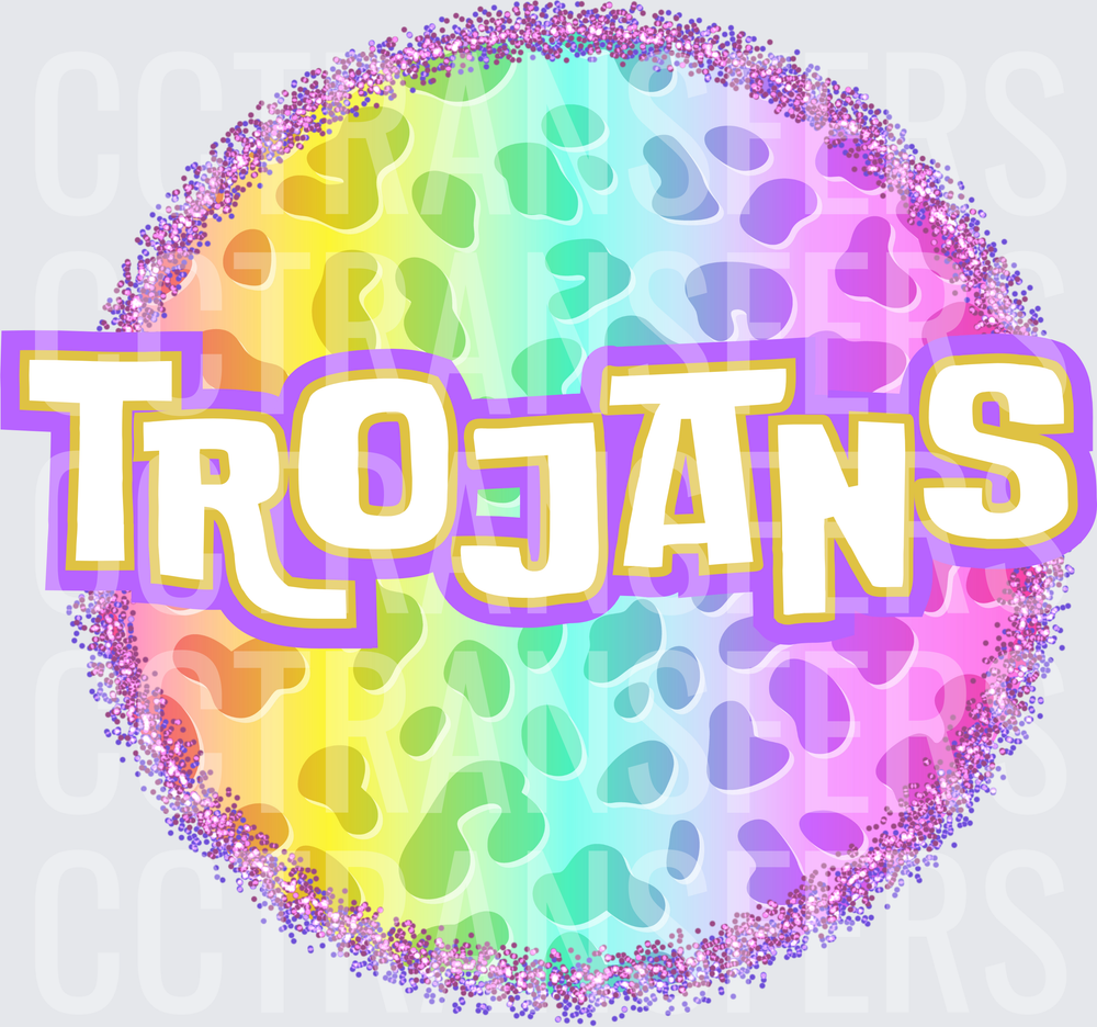 Trojans Rainbow Leopard Glitter Circle (DTF)