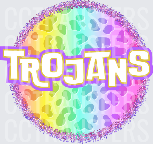 Trojans Rainbow Leopard Glitter Circle (DTF)