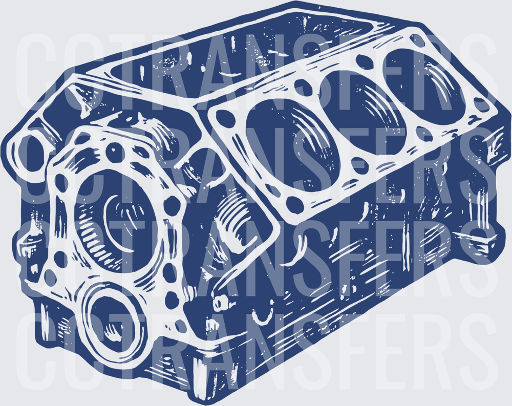 Navy Blue V8 Engine Block Illustration (DTF)