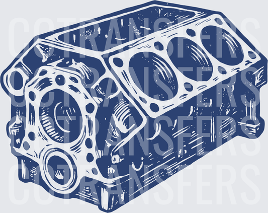 Navy Blue V8 Engine Block Illustration (DTF)
