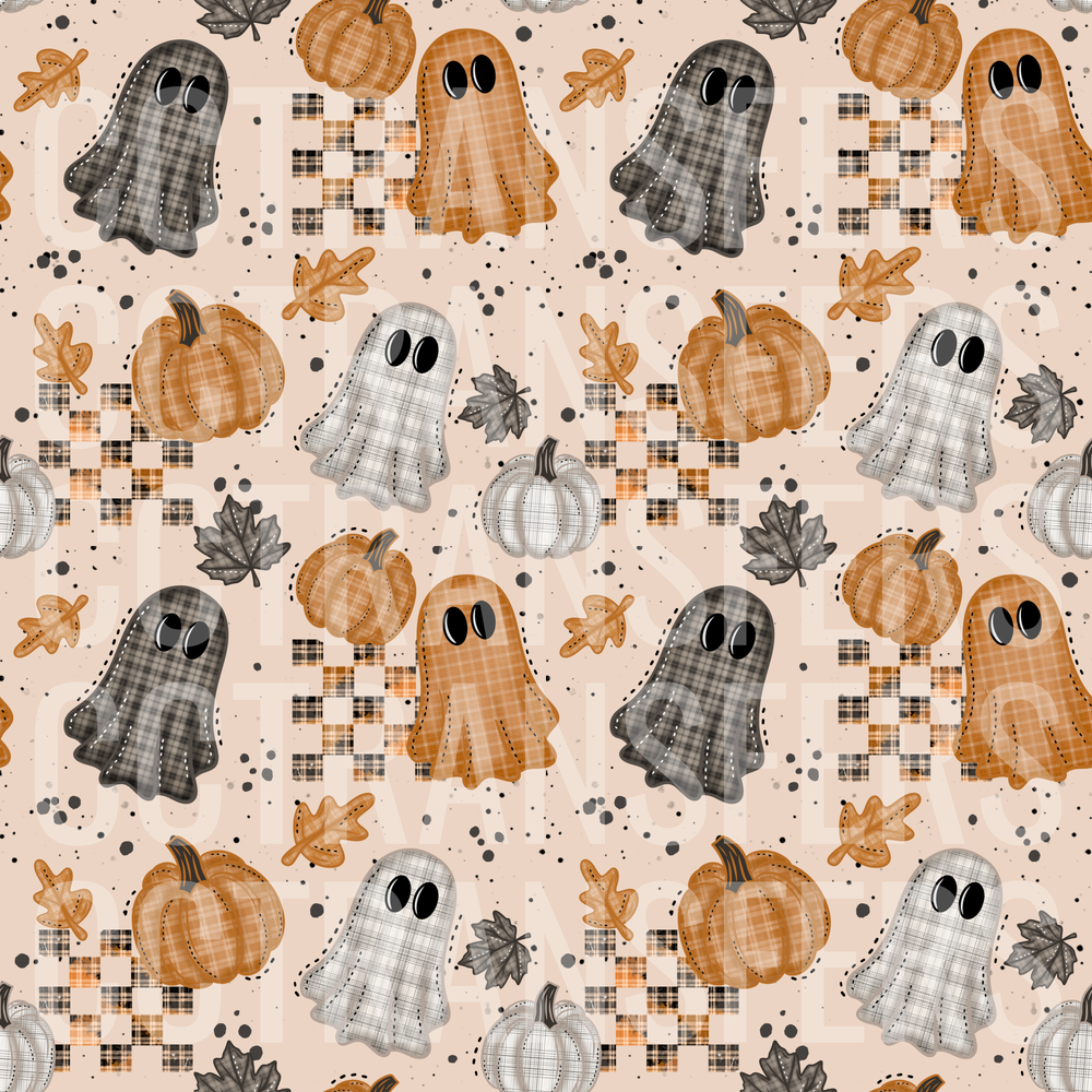 Plaid Patchwork Ghosts Pumpkins Fall Leaves Pattern (DTF)