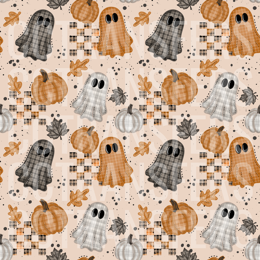 Plaid Patchwork Ghosts Pumpkins Fall Leaves Pattern (DTF)