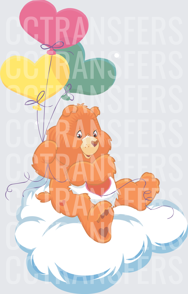 Cute Orange Bear Sitting on Cloud Holding Heart Balloons (DTF)