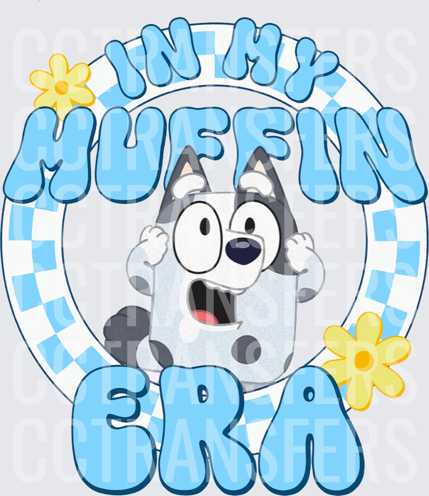 In My Muffin Era Spotted Puppy Blue Checkered Floral (DTF)