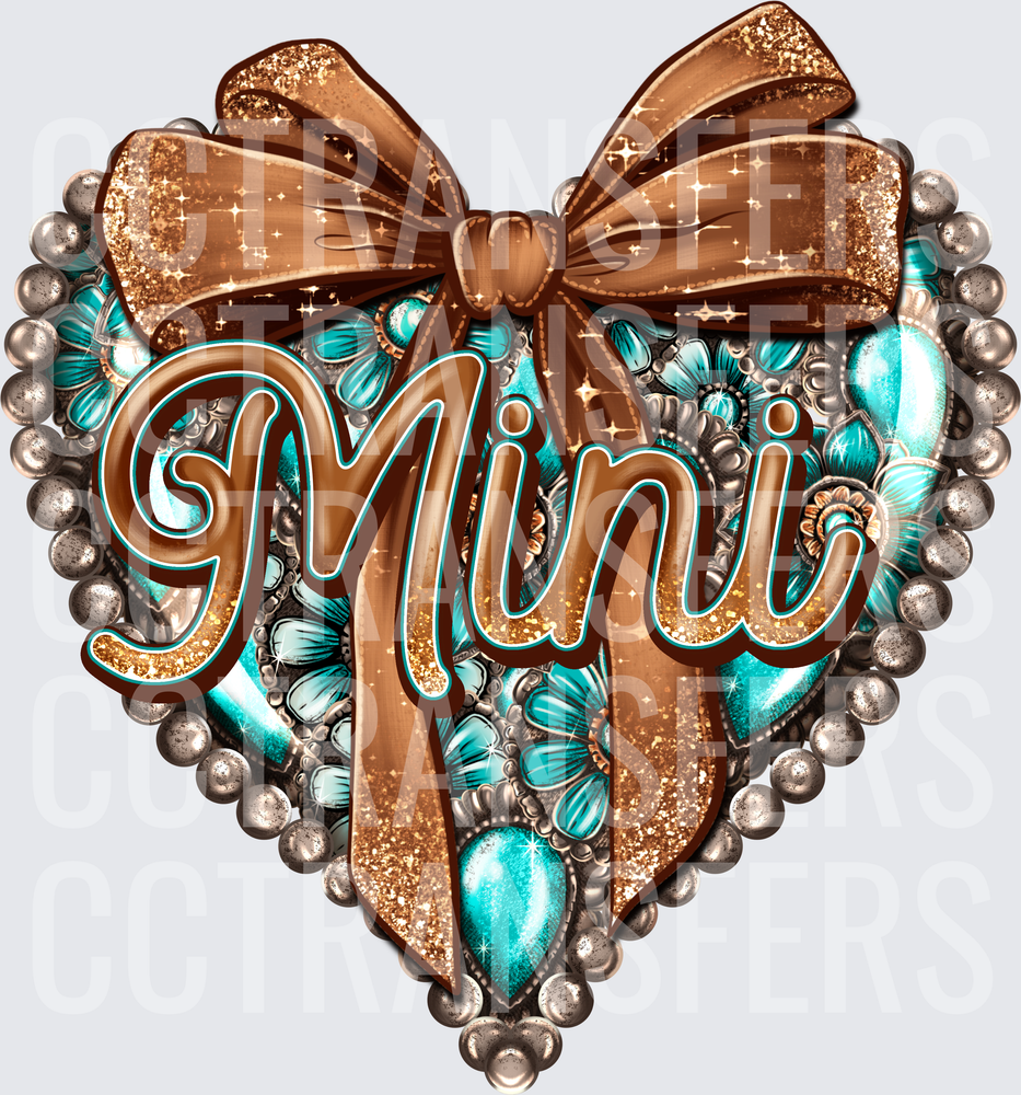 Teal Floral Glitter Heart Mini Brown Bow Silver Beaded (DTF)