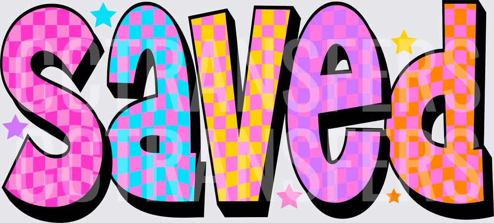 Colorful Checkered Retro Groovy SAVED Bold Letters Stars (DTF)