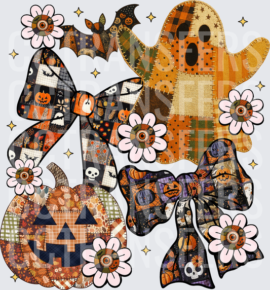 Patchwork Quilt Halloween Ghost Pumpkin Bat Bow Floral (DTF)