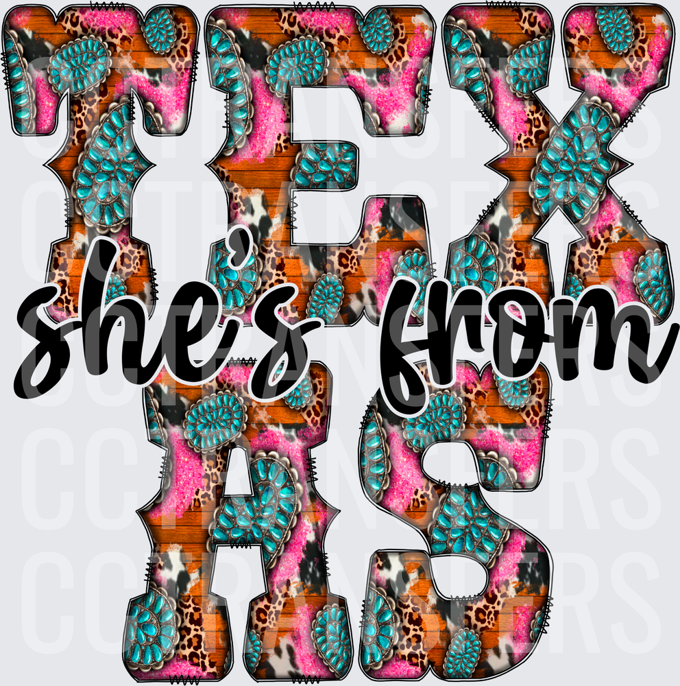 She's From Texas Leopard Turquoise Squash Blossom Letters (DTF)
