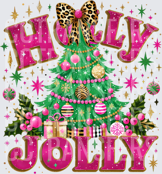 Holly Jolly Pink Gold Leopard Bow Christmas Tree (DTF)