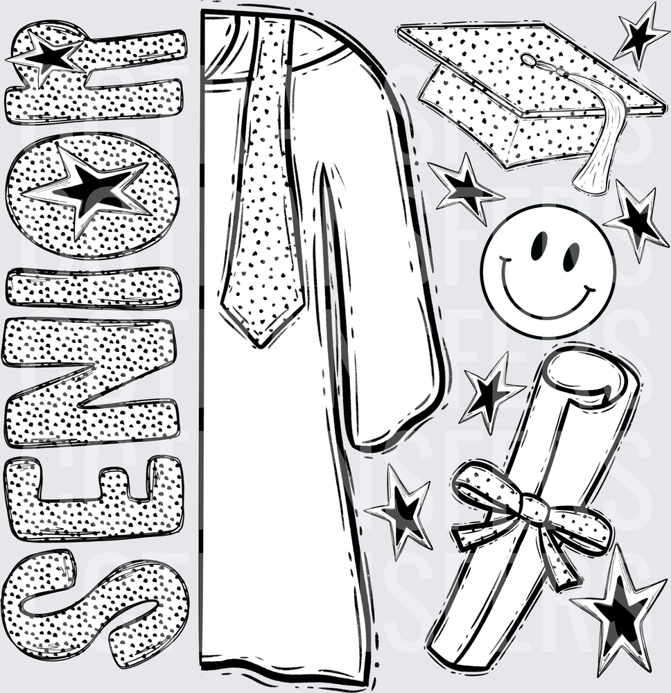 Senior Graduation Gown Cap Diploma Stars Smiley (DTF)