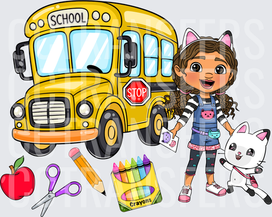 Cartoon Girl Cat Ears School Bus Back to School DTF