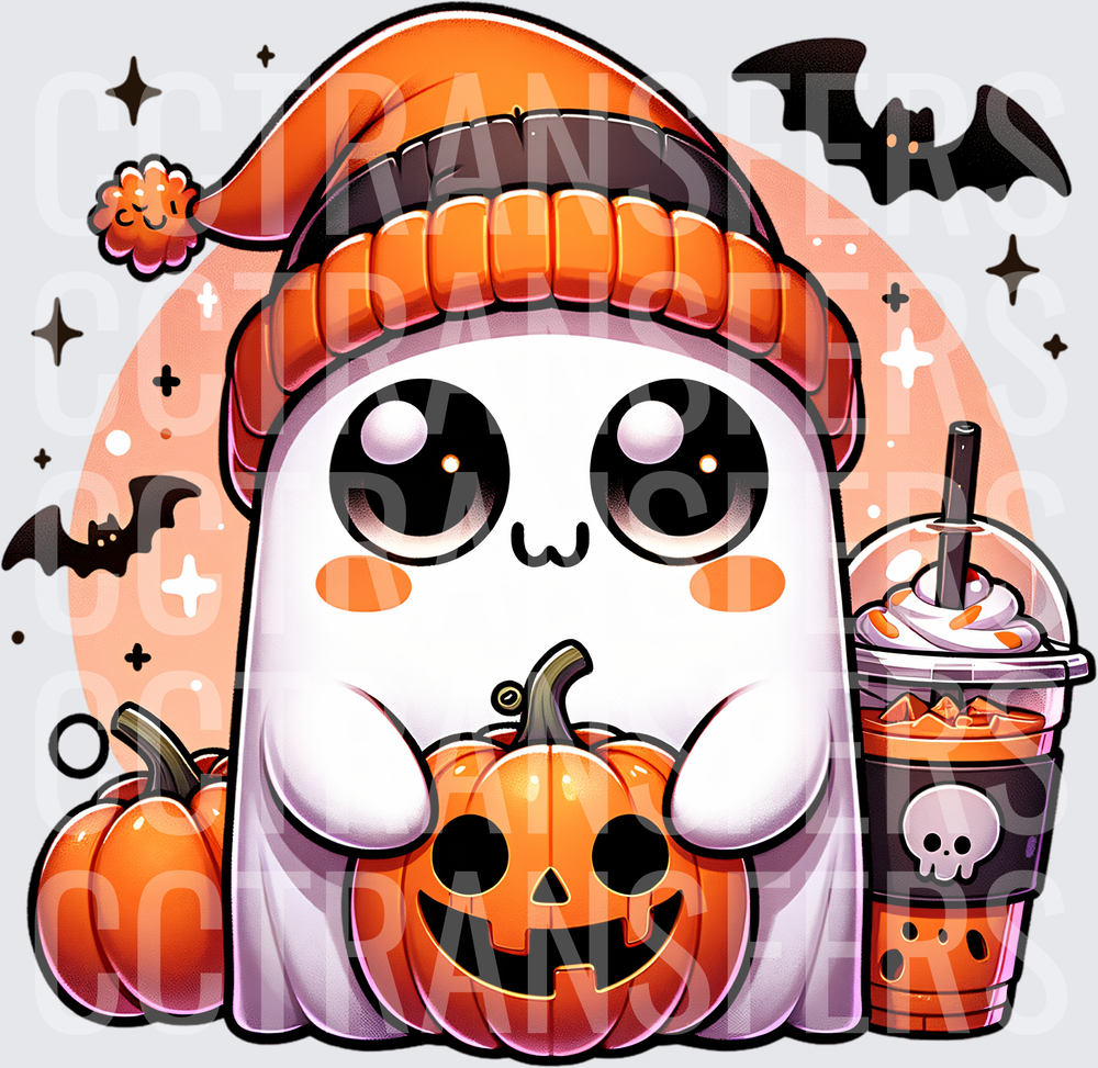 Cute Kawaii Ghost Orange Beanie Jack-O-Lantern Pumpkin Bats (DTF)