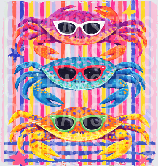 Trio of Colorful Crabs Wearing Sunglasses Striped Background (DTF)