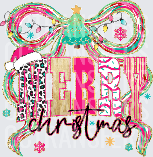 Merry Christmas Leopard Santa Hat Pink Bow Tree Lights (DTF)