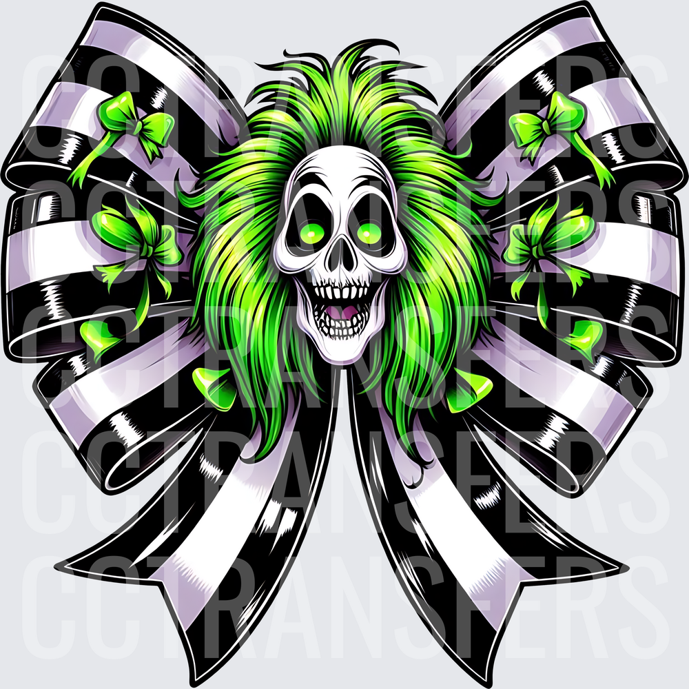Skull with Wild Green Hair Black Striped Bow Coquette (DTF)