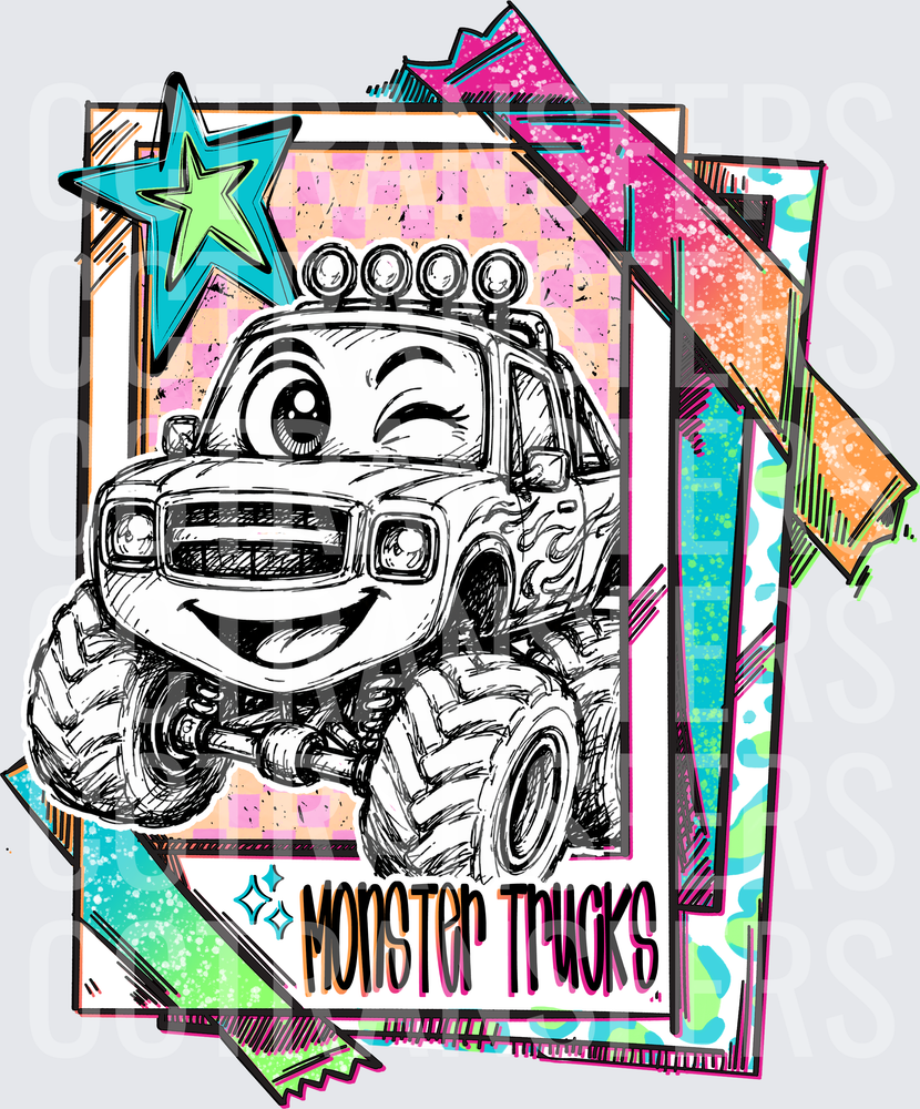 Cute Winking Monster Trucks Cartoon Sketch Colorful (DTF)