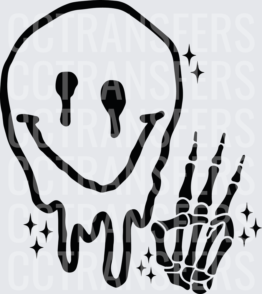 Melting Smiley Face Skeleton Hand Peace Sign Sparkles (DTF)
