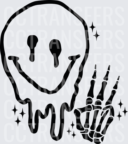 Melting Smiley Face Skeleton Hand Peace Sign Sparkles (DTF)