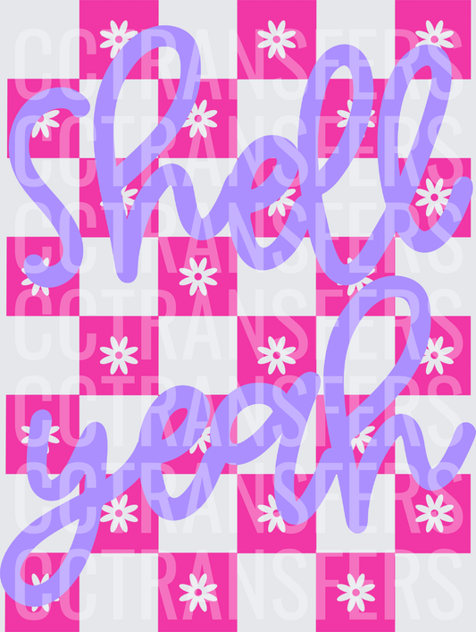 Shell Yeah Purple Script Pink Checkerboard Daisy (DTF)