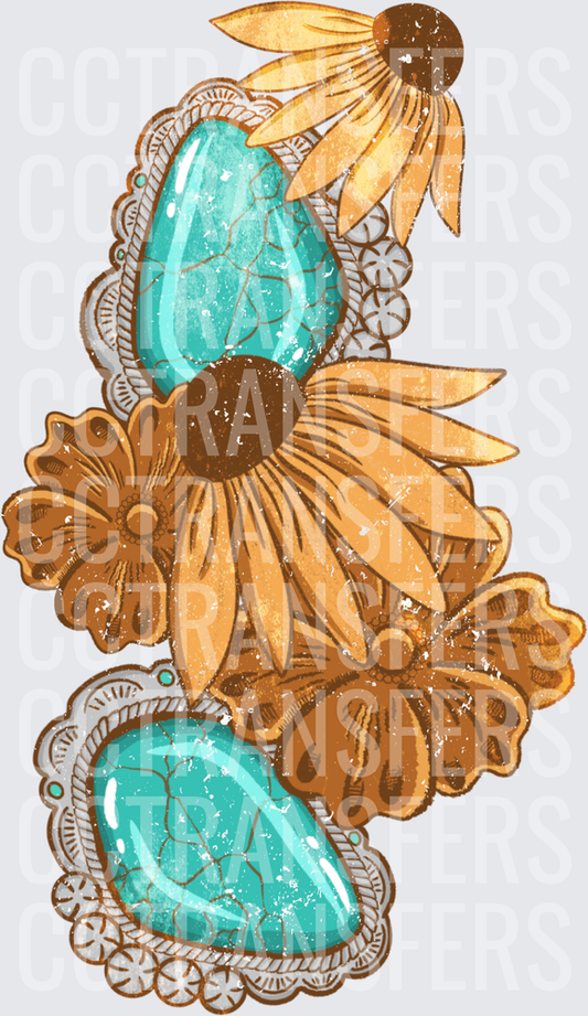 Western Turquoise Stone Sunflower Floral Boho Cluster (DTF)