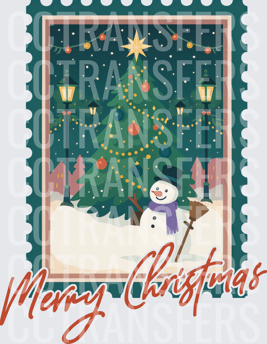 Merry Christmas Vintage Stamp Snowman Holiday Tree (DTF)