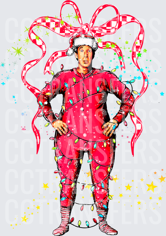 Tangled Lights Man Red Long Johns Santa Hat Gift Bow (DTF)