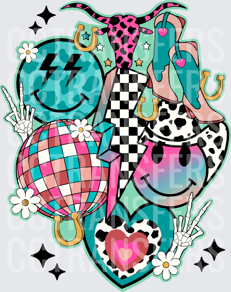 Disco Ball Cowgirl Smiley Skull Hands Western Collage (DTF)