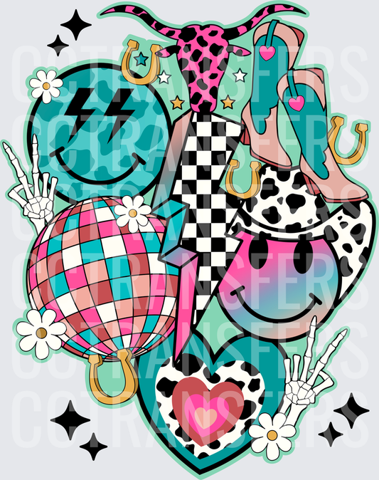 Disco Ball Cowgirl Smiley Skull Hands Western Collage (DTF)