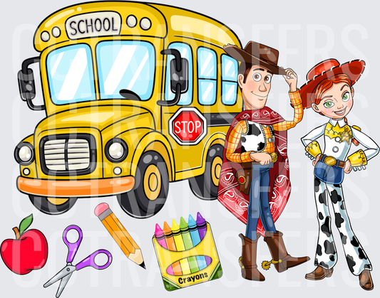 Cowboy and Cowgirl Back to School Bus Scene (DTF)