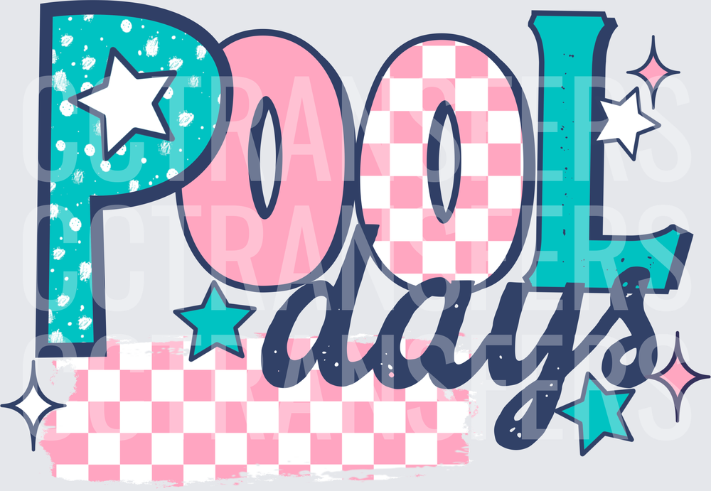 Pool Days Teal Pink Checkered Stars Script (DTF)